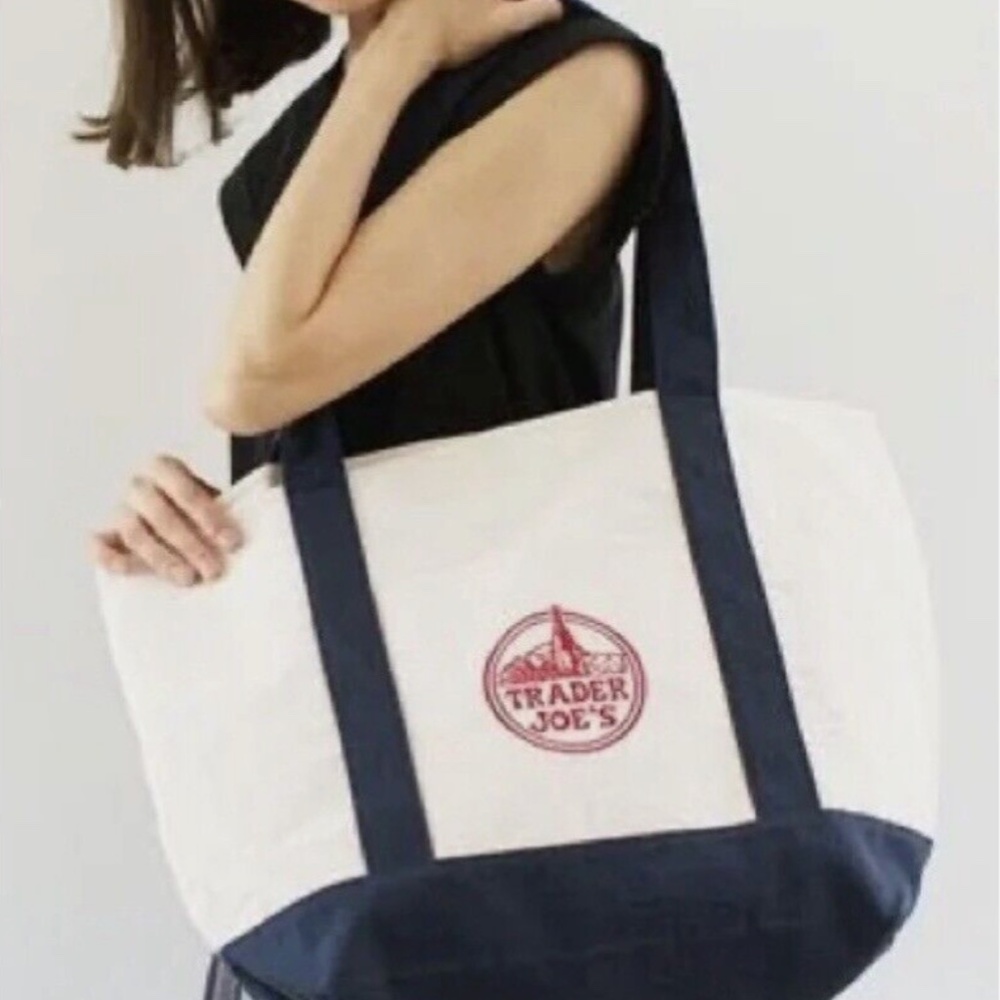 Trader Joe’s LARGE Reusable CanvasTote Bag Heavy Duty Blue Handles ECO NEW‼️